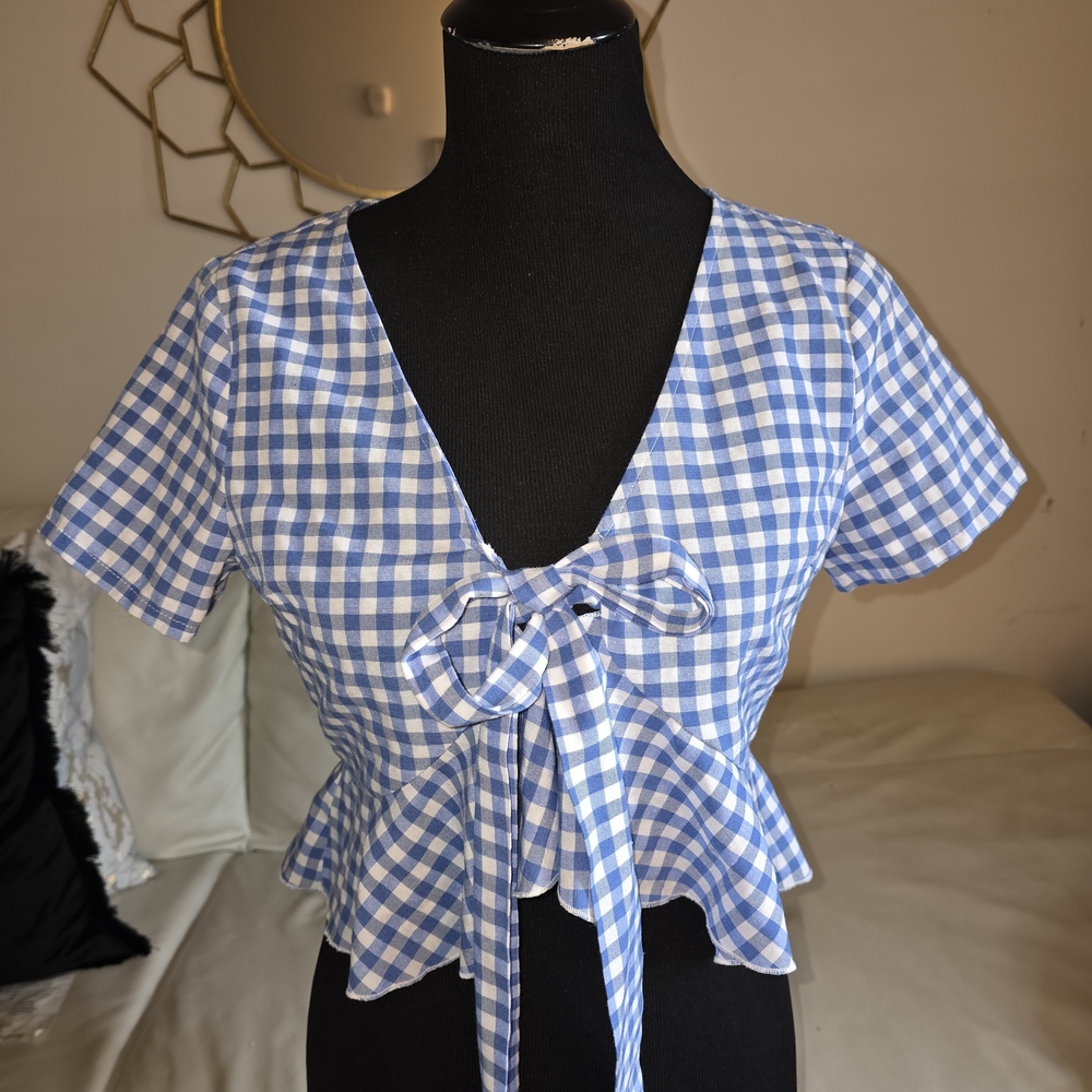 SHEIN Blue and White Gingham Crop Top